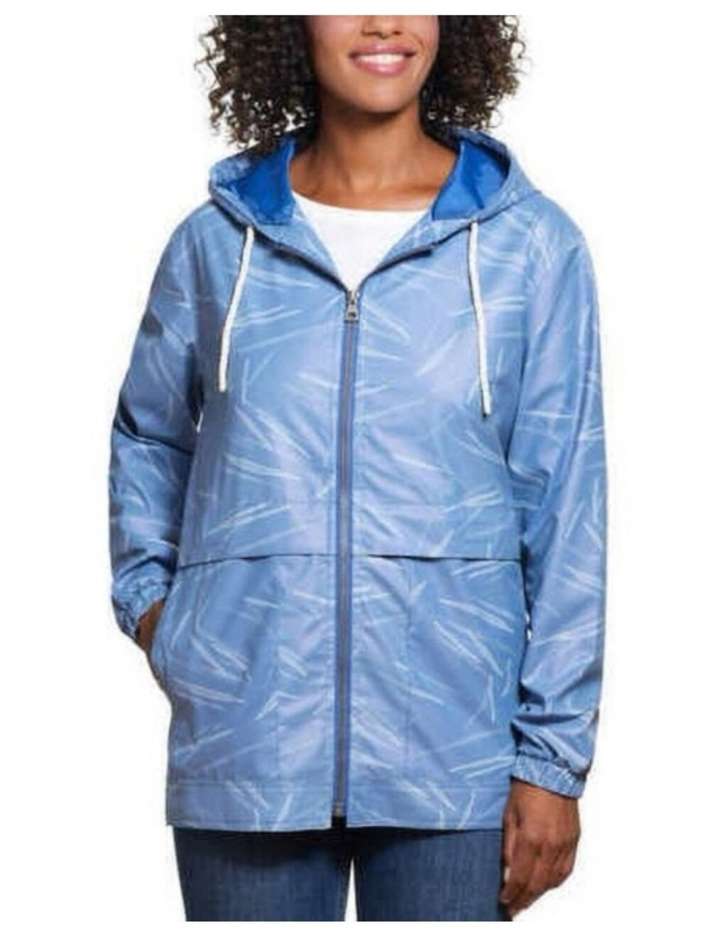 Weatherproof Light Blue Hooded Rain Jacket with Subtle Print